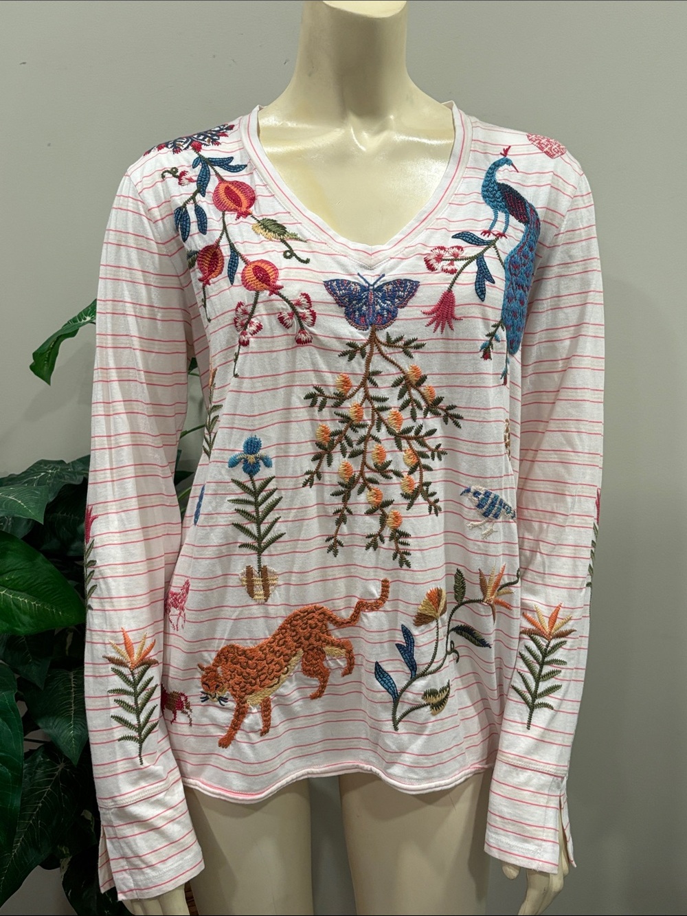 Johnny Was Adela Slit Sleeve Tee in White with Embroidered Butterflies & Flowers